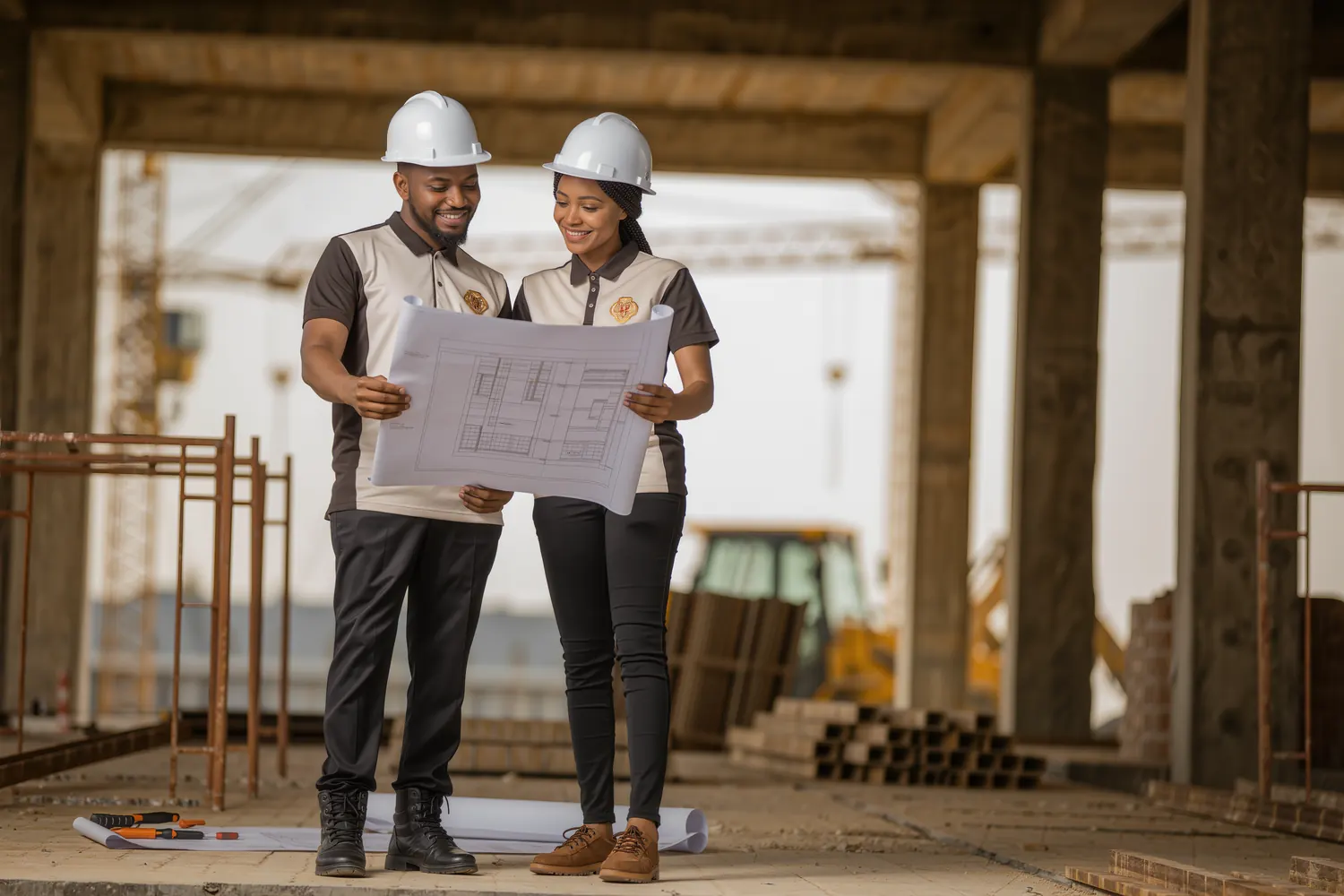 Syncware engineers reviewing blueprints at an active construction site